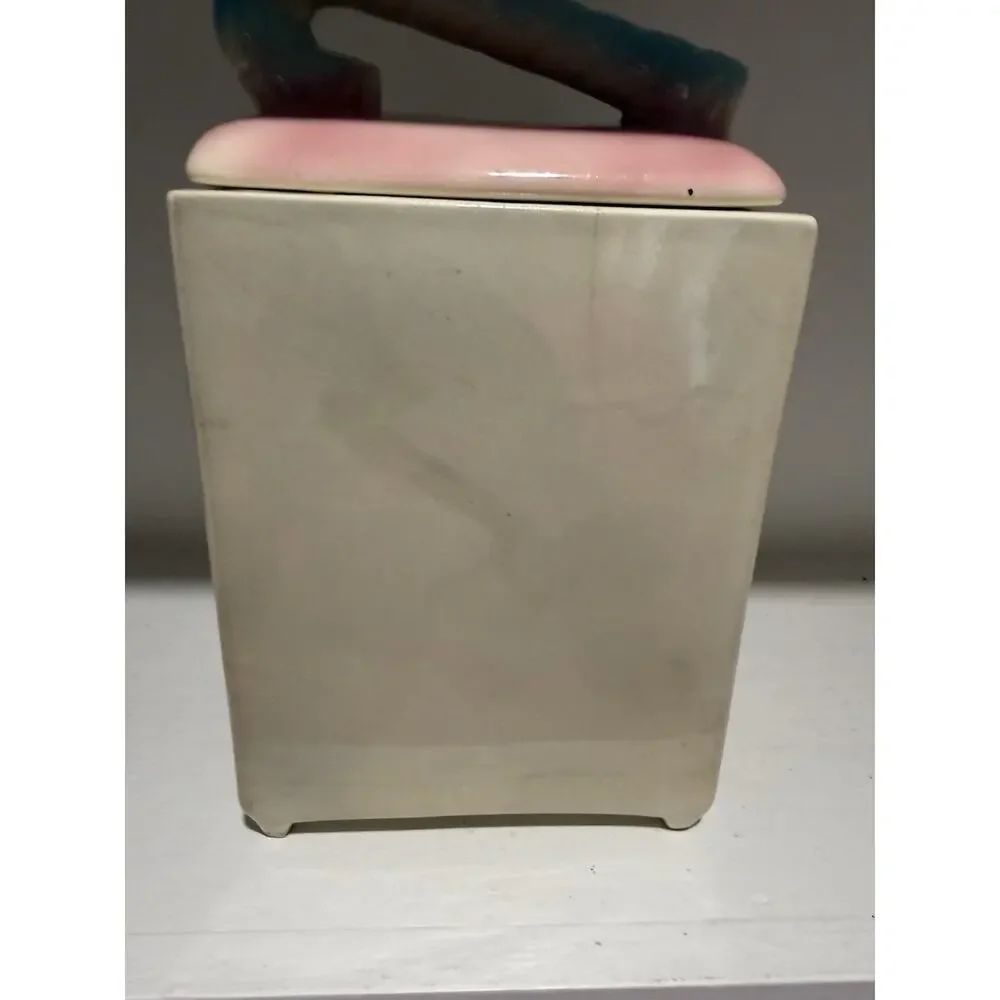 Vintage American Bisque Candy Cane Snowman Puppet Blue Pink Cookie Jar w/Lid